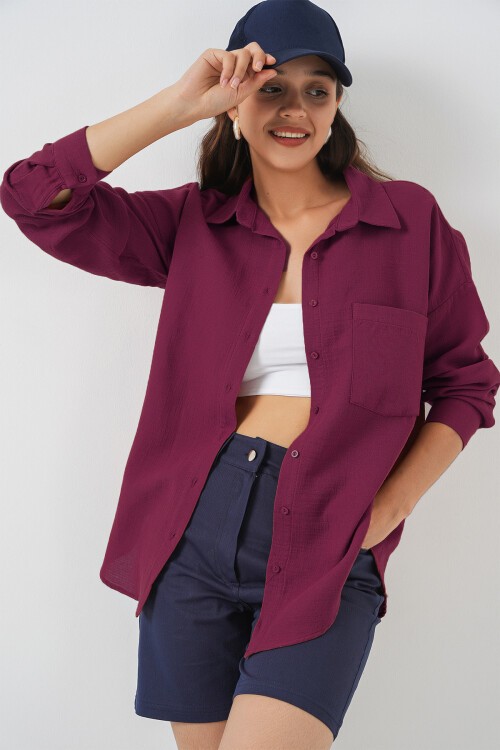 20153 Tek Cepli Oversize Keten Gömlek - Mürdüm