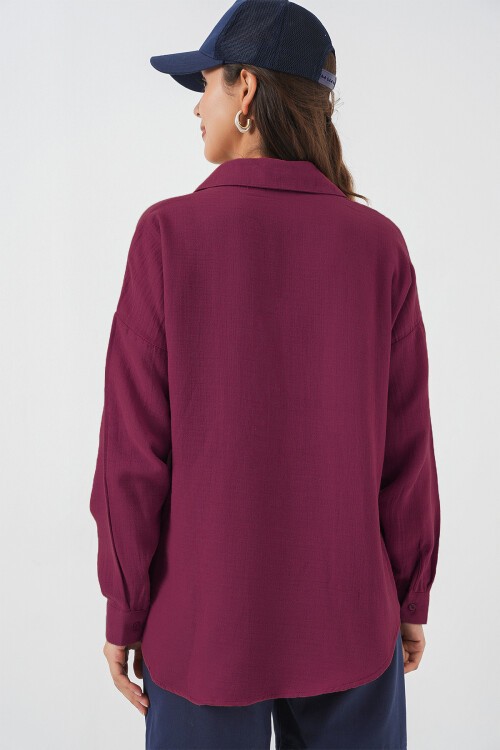 20153 Tek Cepli Oversize Keten Gömlek - Mürdüm