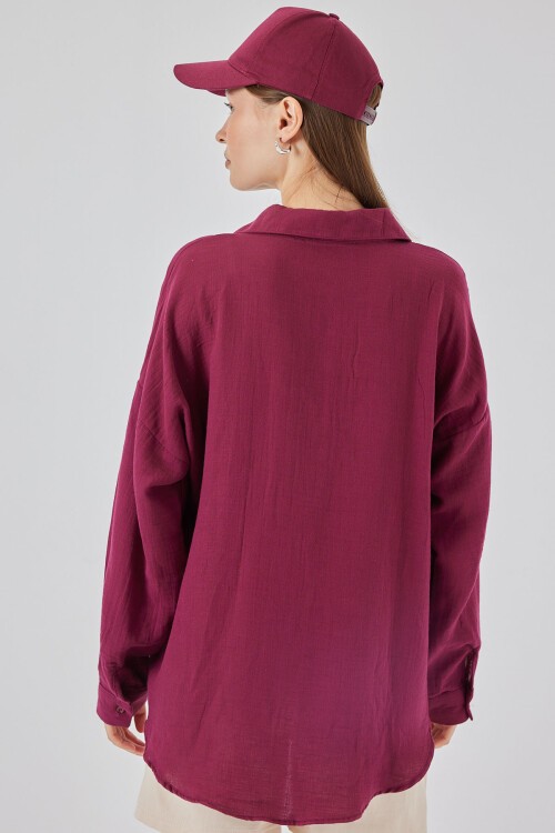 20153 Tek Cepli Oversize Keten Gömlek - Mürdüm