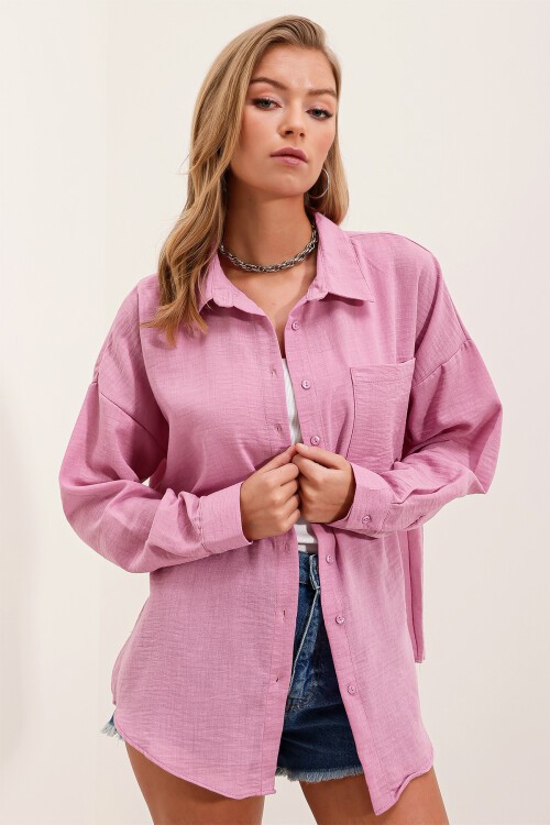 20153 Tek Cepli Oversize Keten Gömlek - Pudra