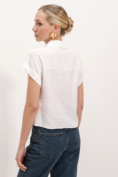 20198 Çift Cepli Kısa Kol Gömlek - Beyaz