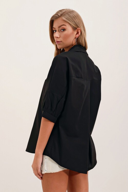 20213 Oversize Kısa Kol Basic Gömlek - Siyah