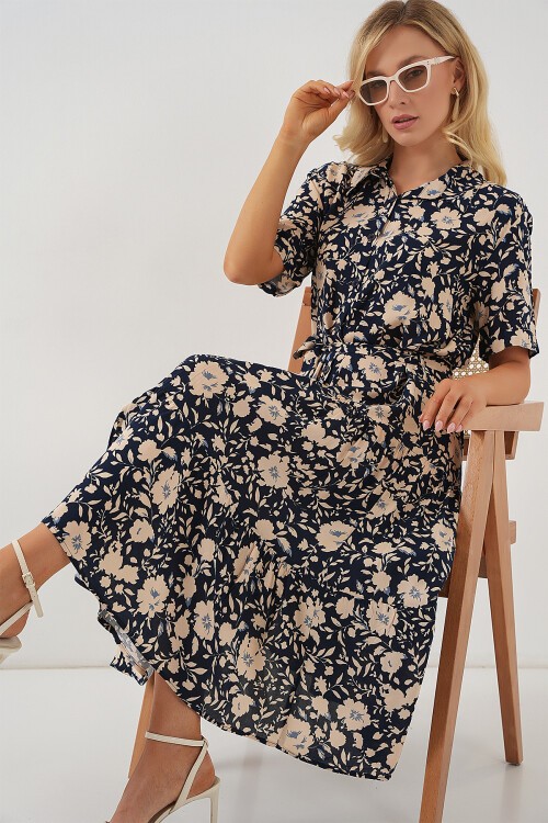 2191 Kısa Kol Desenli Elbise - Lacivert