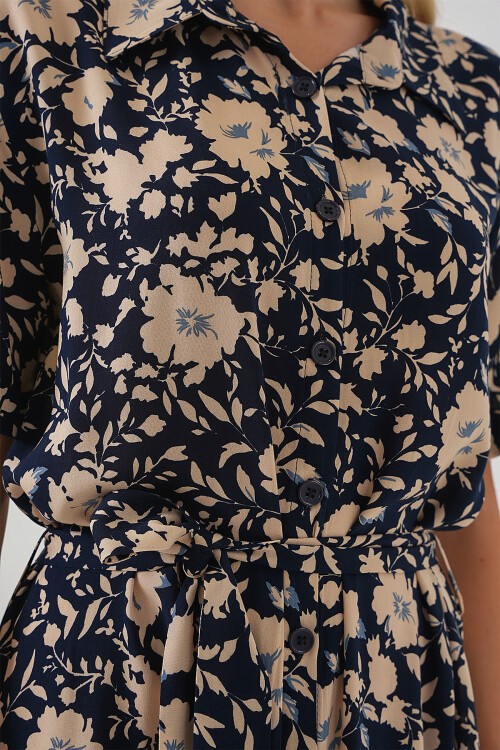 2191 Kısa Kol Desenli Elbise - Lacivert