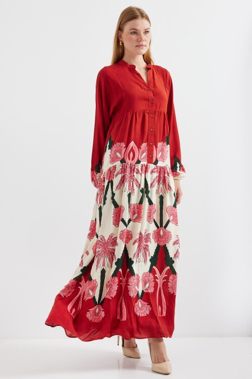 2423 Otantik Desenli Tesettür Elbise - A.Bordo