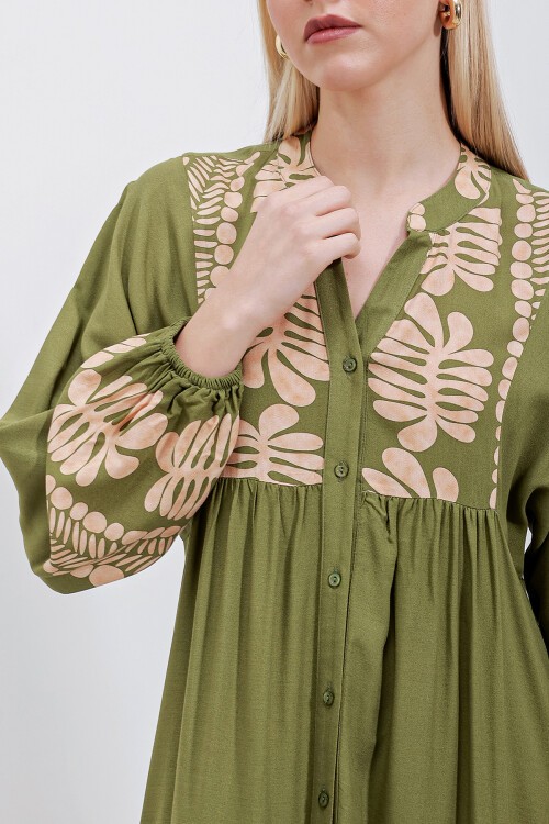 2423 Otantik Desenli Tesettür Elbise - Haki