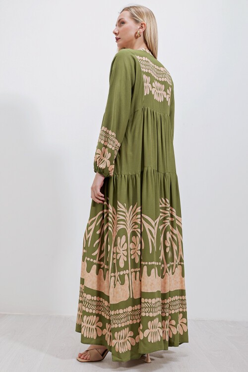 2423 Otantik Desenli Tesettür Elbise - Haki