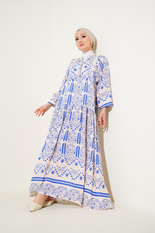 2423 Otantik Desenli Tesettür Elbise - Krem
