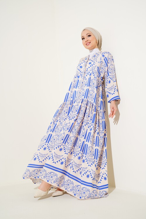 2423 Otantik Desenli Tesettür Elbise - Krem