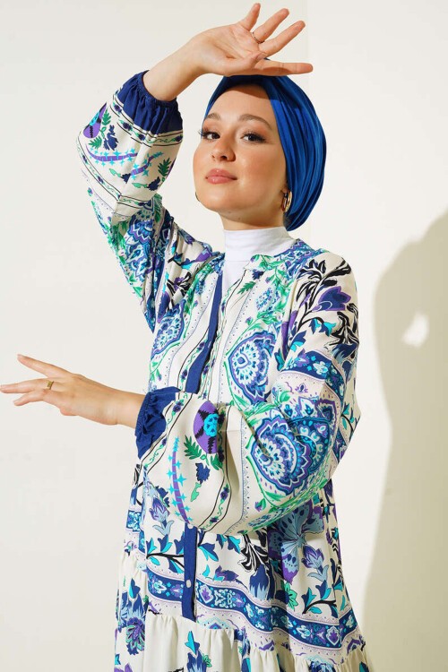 2423 Otantik Desenli Tesettür Elbise - Saks