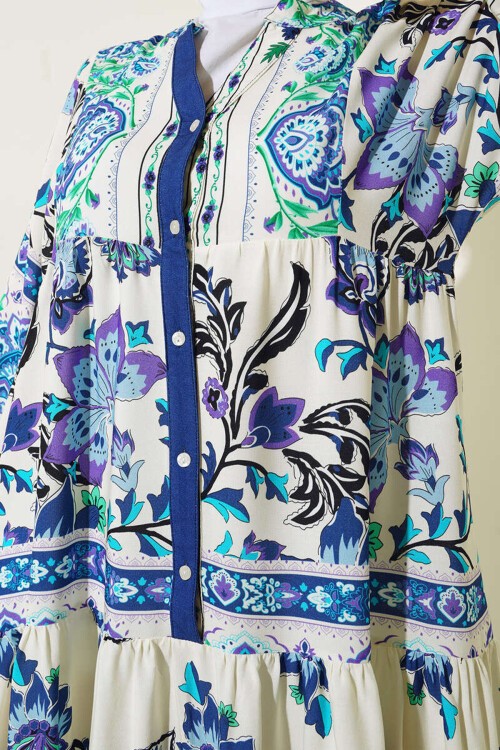 2423 Otantik Desenli Tesettür Elbise - Saks