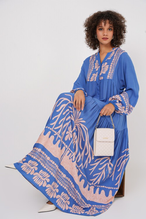 2423 Otantik Desenli Tesettür Elbise - Y.İndigo