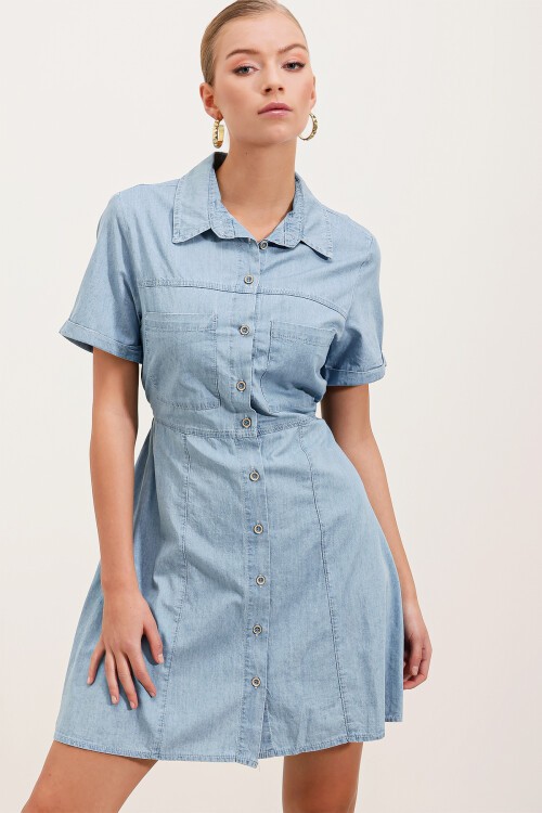 2433 Çift Cepli Mini Kot Elbise - Mavi