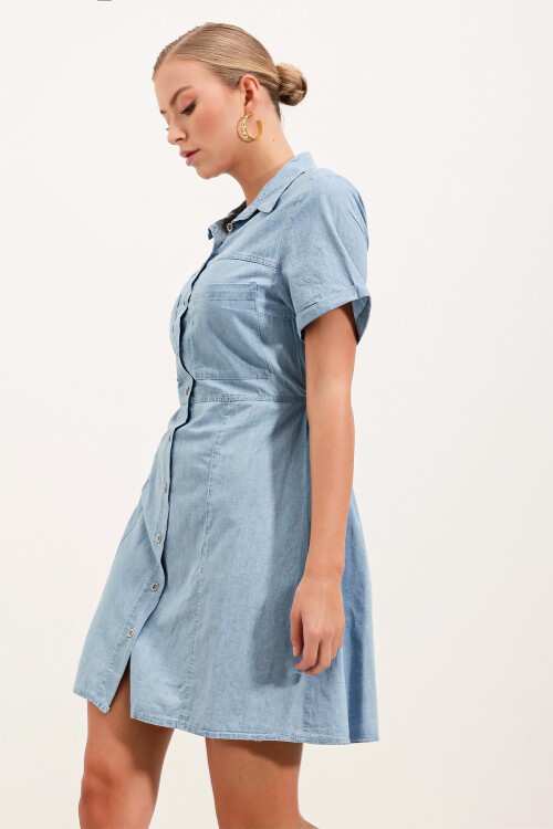 2433 Çift Cepli Mini Kot Elbise - Mavi