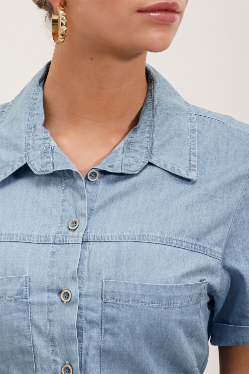 2433 Çift Cepli Mini Kot Elbise - Mavi