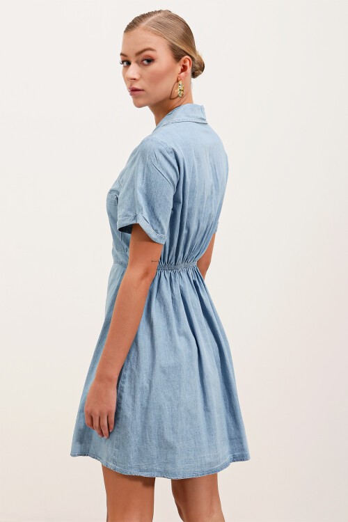 2433 Çift Cepli Mini Kot Elbise - Mavi