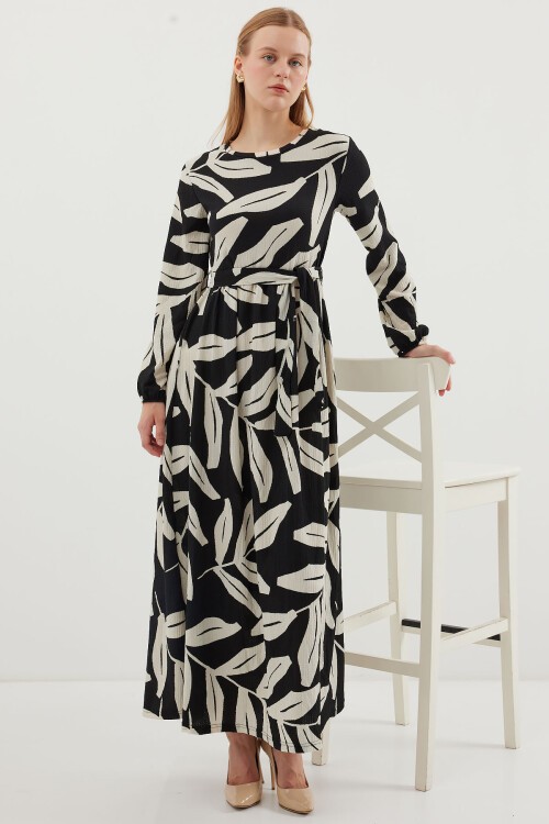 2488 Desenli Uzun Örme Elbise - Siyah - Beyaz 1