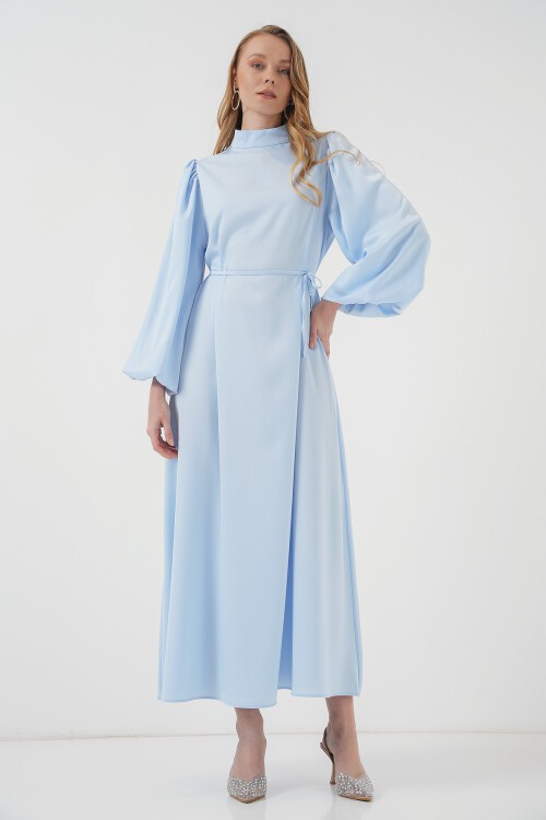 2510 Saten Tesettür Abiye Elbise - İndigo