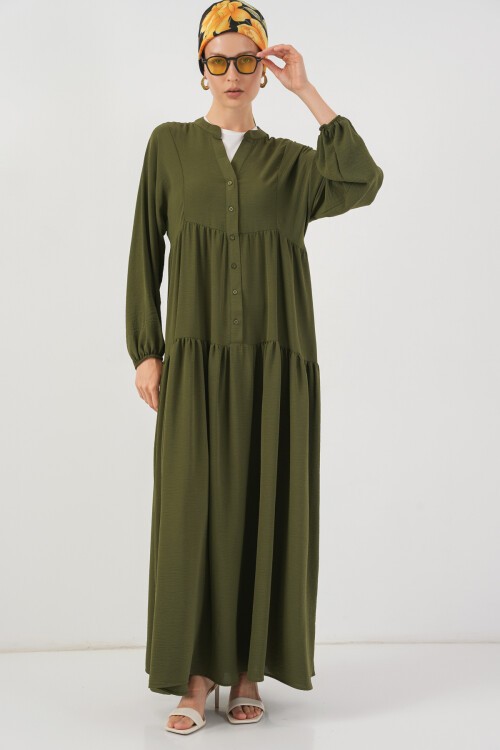 2527 Kadın Uzun Tesettür Elbise - Haki