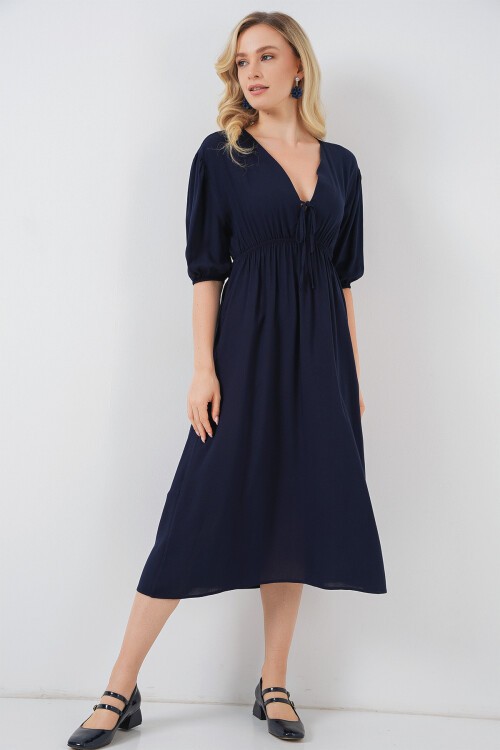 2570 Kadın Beli Büzgülü V Yaka Elbise - Lacivert