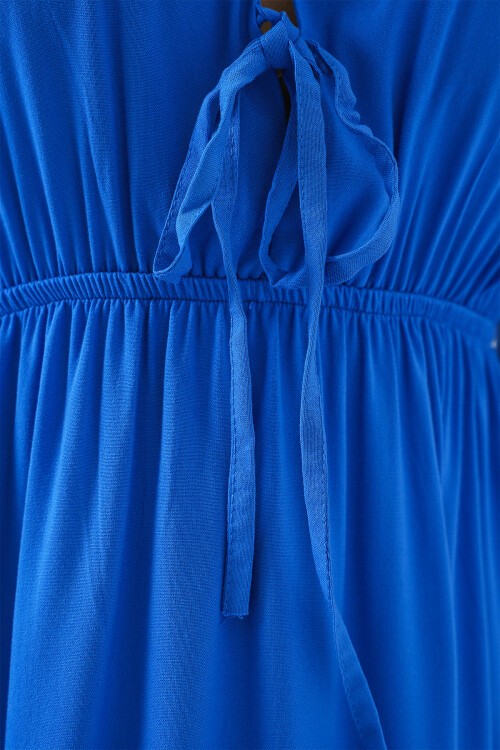 2570 Kadın Beli Büzgülü V Yaka Elbise - Saks