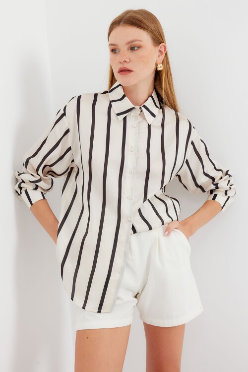 3964 Çizgili Hafif Dökümlü Saten Gömlek - F. Siyah