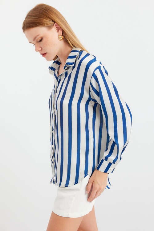 3964 Hafif Dökümlü Saten Gömlek - B.Lacivert