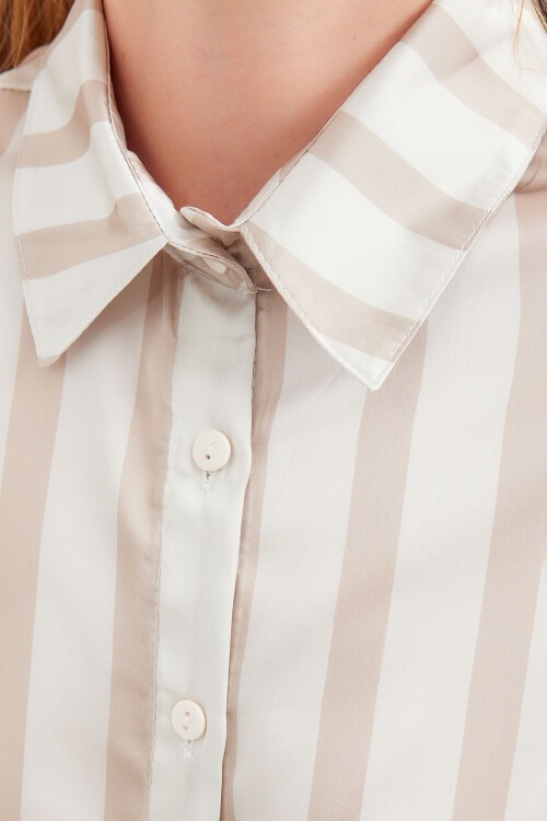 3964 Hafif Dökümlü Saten Gömlek - C. Bej