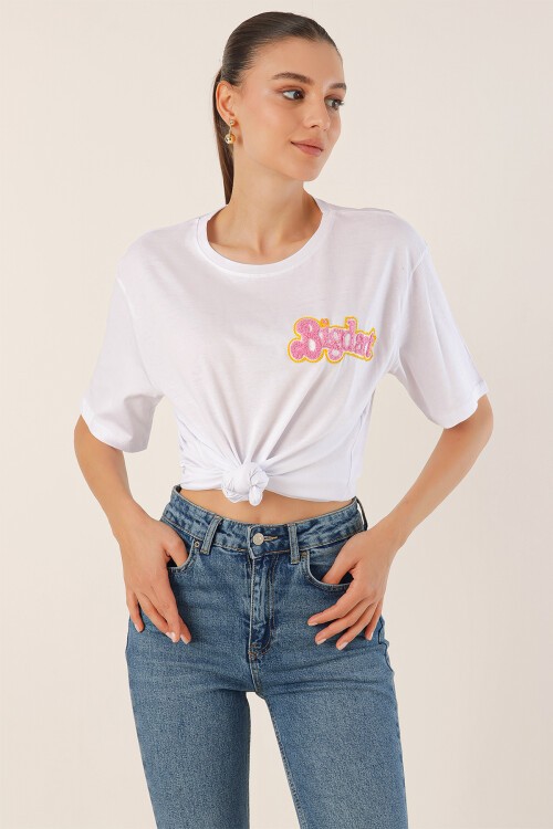 4312 Nakışlı Oversize Tişört - Beyaz