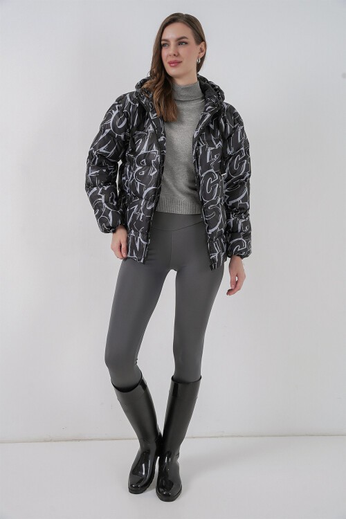 5125 Desenli Şişme Mont - Beyaz