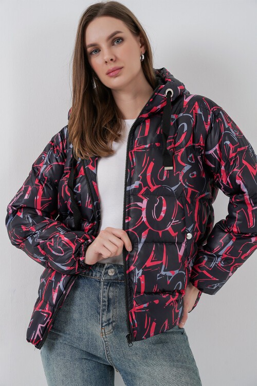 5125 Desenli Şişme Mont - G. Siyah