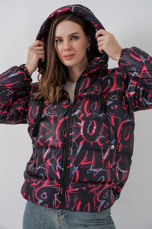 5125 Desenli Şişme Mont - G. Siyah
