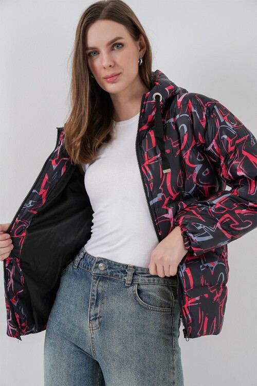 5125 Desenli Şişme Mont - G. Siyah