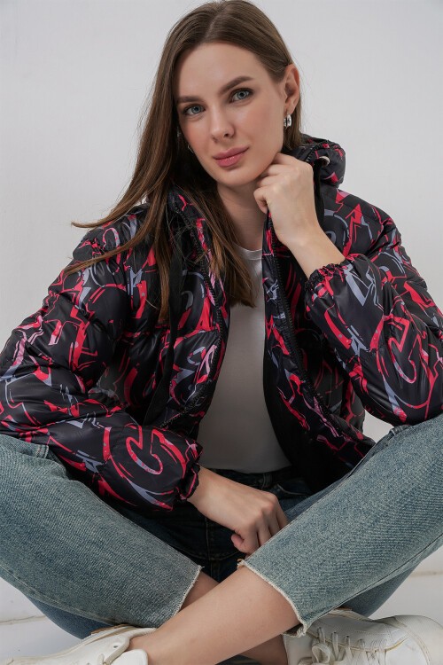 5125 Desenli Şişme Mont - G. Siyah