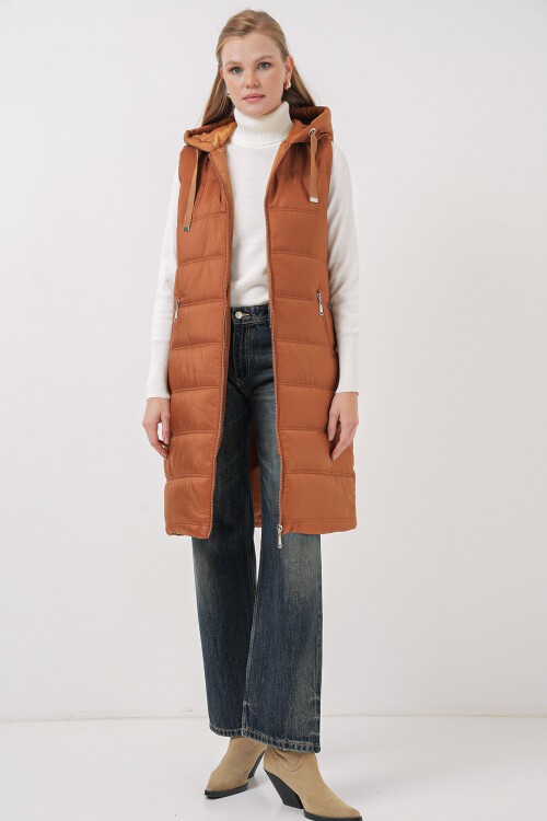 5140 Kapşonlu Uzun Şişme Yelek - Camel