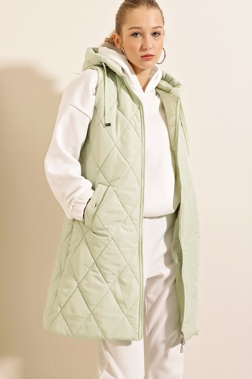 5140 Kapşonlu Uzun Şişme Yelek - Mint
