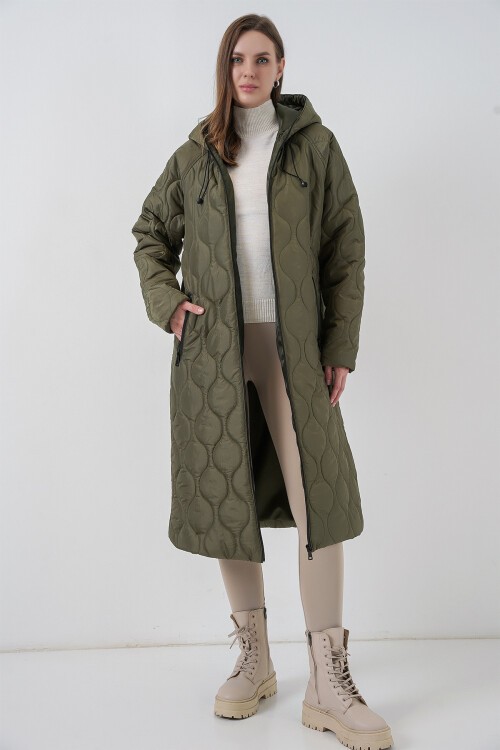 5177 Kapüşonlu Uzun Kapitone Mont - Haki