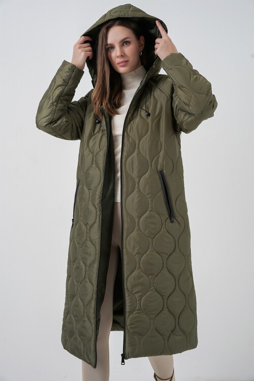 5177 Kapüşonlu Uzun Kapitone Mont - Haki