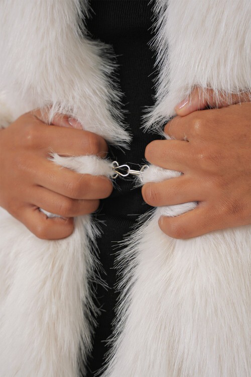 5186 Kruvaze Peluş Kürk Kaban - Beyaz