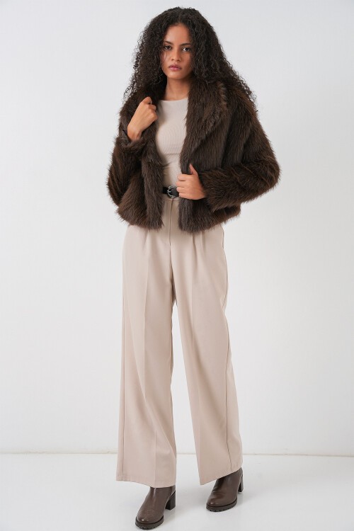 5186 Kruvaze Peluş Kürk Kaban - Kahverengi