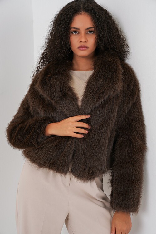 5186 Kruvaze Peluş Kürk Kaban - Kahverengi
