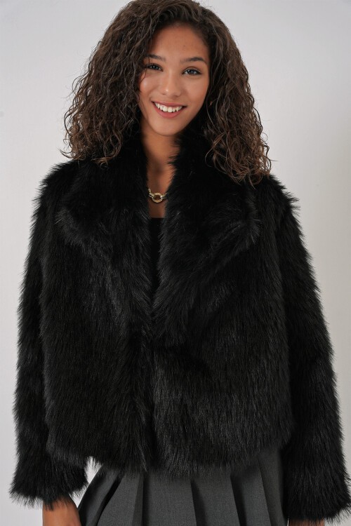 5186 Kruvaze Peluş Kürk Kaban - Siyah