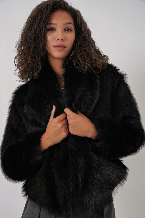 5186 Kruvaze Peluş Kürk Kaban - Siyah