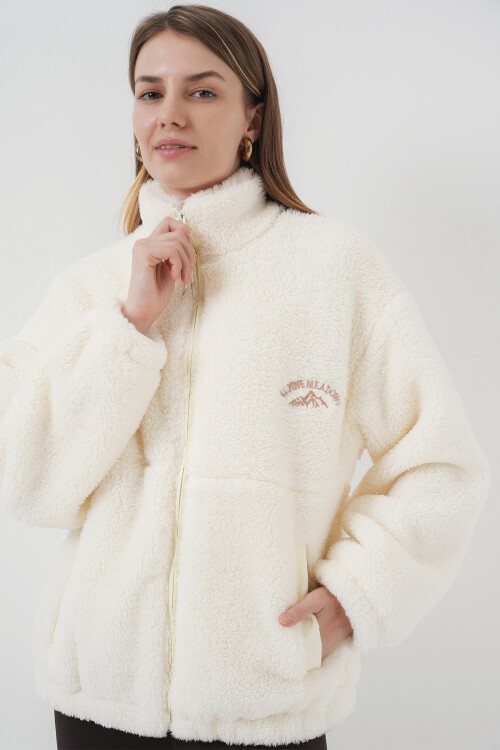 5194 Kadın Peluş Mont Ceket - D.Krem