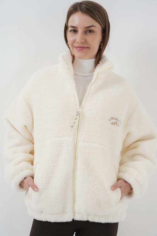 5194 Kadın Peluş Mont Ceket - D.Krem