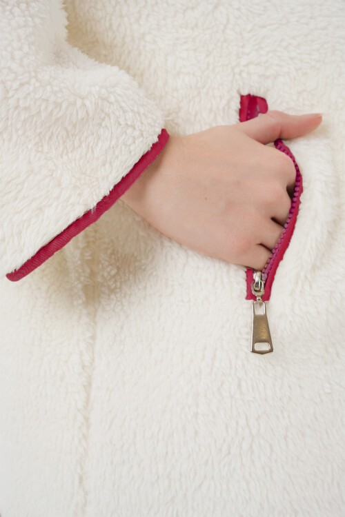 5211 Fermuarlı Peluş Mont - Kırmızı