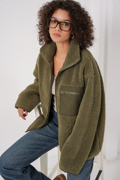 55446 Fermuarlı Oversize Peluş Ceket Mont - Haki