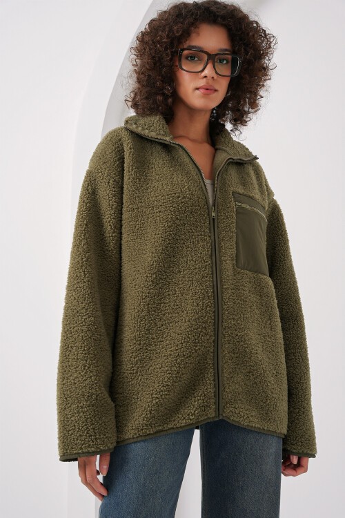 55446 Fermuarlı Oversize Peluş Ceket Mont - Haki