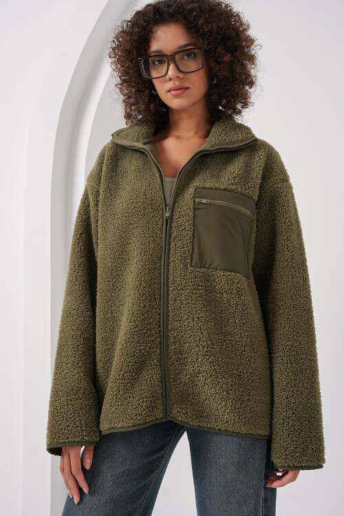 55446 Fermuarlı Oversize Peluş Ceket Mont - Haki