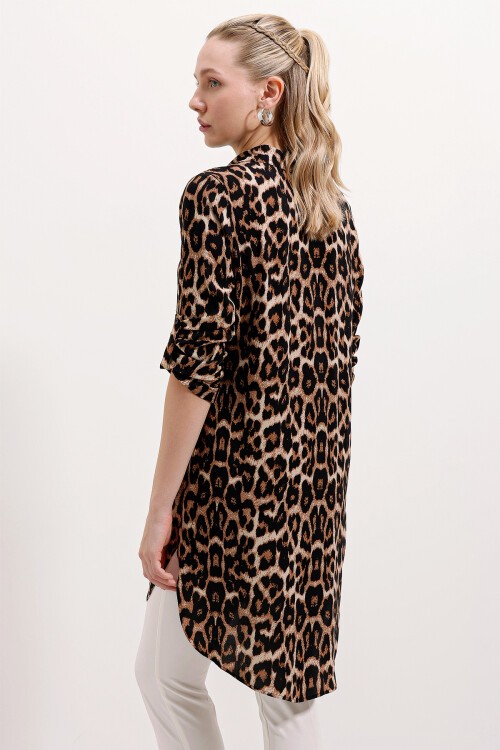 5613 Yaka Bağcıklı Çizgili Tunik - Kahverengi